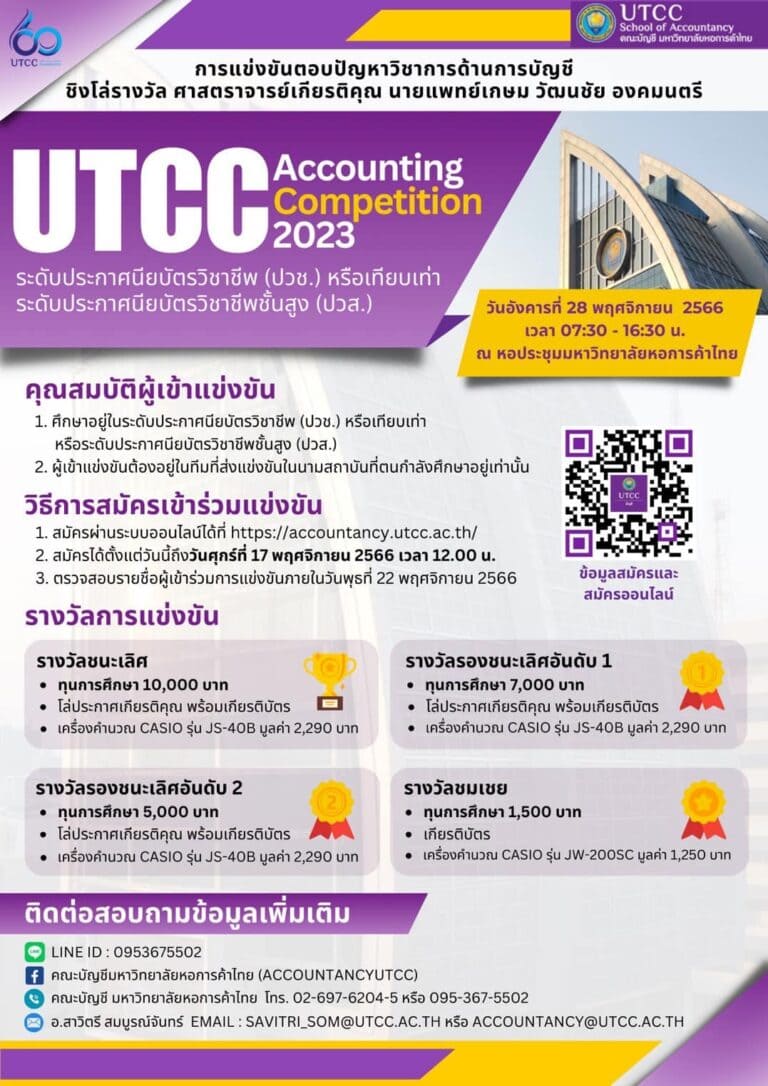 ขอเชิญชวนเข้าร่วมการแข่งขันตอบปัญหาวิชาการด้านการบัญชี UTCC ACCOUNTING COMPETITION 2023